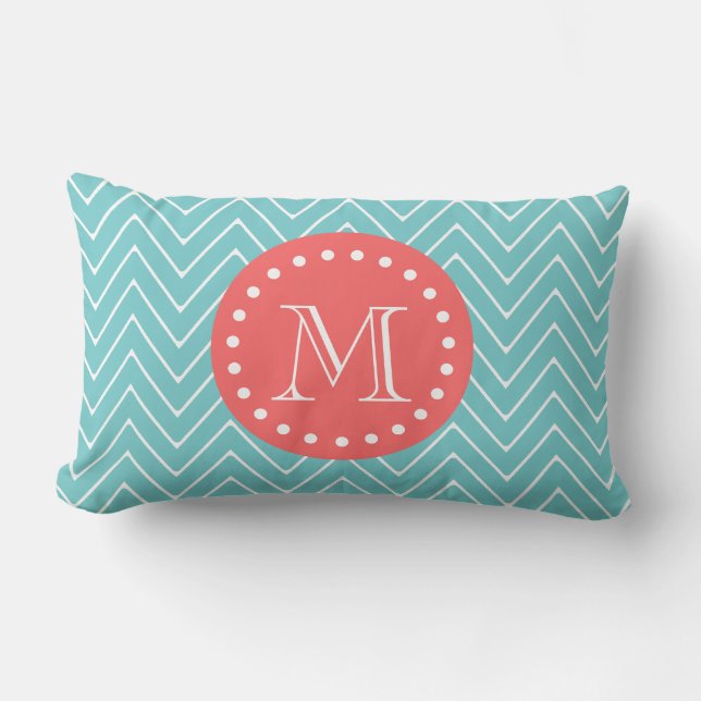 Teal and Coral Chevron with Custom Monogram Lumbar Pillow (Front)