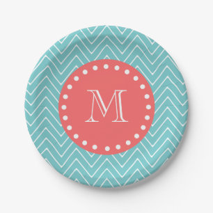 Teal and Coral Chevron with Custom Monogram Paper Plate