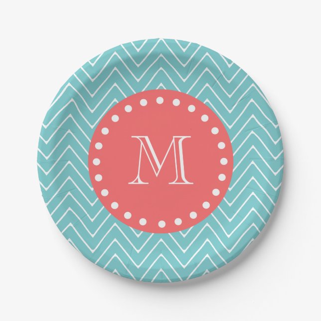 Teal and Coral Chevron with Custom Monogram Paper Plate (Front)