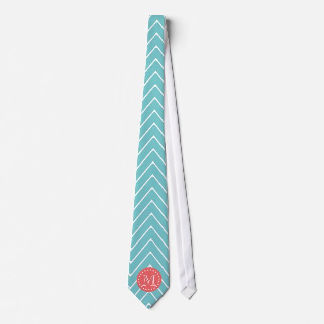 Teal and Coral Chevron with Custom Monogram Tie (Front)