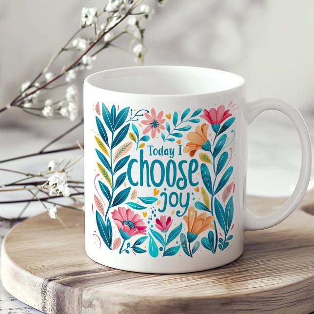 Teal and Coral Floral Inspiration Self-Care Coffee Mug (Teal and Coral Floral Inspiration Self-Care Coffee Mug on a boho kitchen table.)
