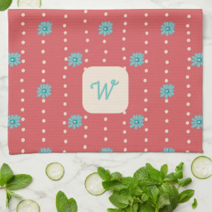 Teal and Coral Floral Monogram Kitchen Tea Towel