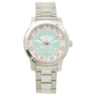 TEAL AND CORAL LEOPARD PRINT MD DOCTOR WATCH