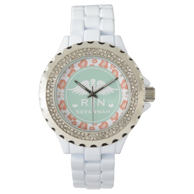 TEAL AND CORAL LEOPARD PRINT NURSE RN WATCH (Front)