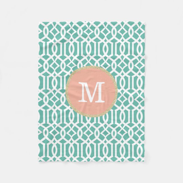 Teal and Coral Monogram Trellis Fleece Blanket (Front)