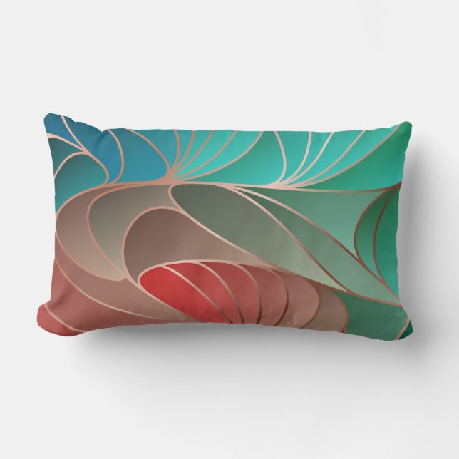 Teal and Coral New Art Nouveau Lumbar Pillow (Front)