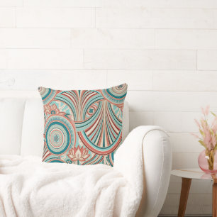 Teal and Coral Nouveau Flow Throw Pillow