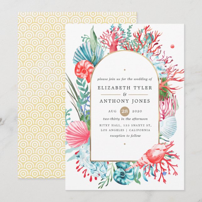 Teal and Coral Sea Life Wedding Invitation (Front/Back)