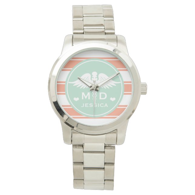 Teal and Coral Stripe Caduceus MD Doctor Watch (Front)
