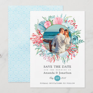 Teal and Coral Summer Beach Wedding Photo Save The Date