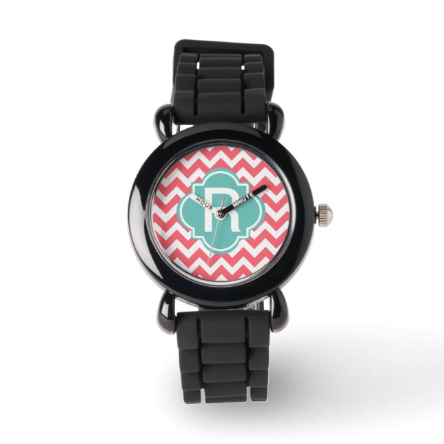Teal and Coral Zig Zag Wristwatch Customizable (Front)