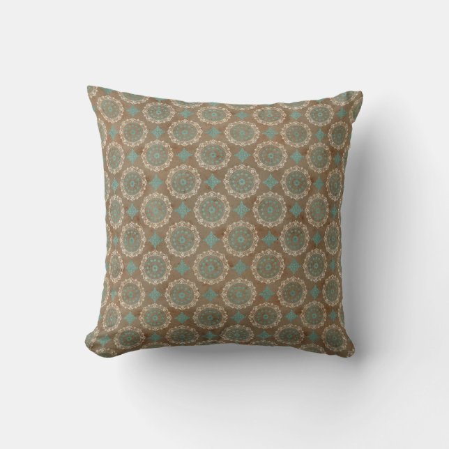 Teal and Cream Circles on Brown Throw Pillow (Front)