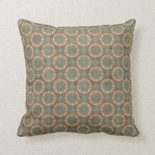 Teal and Cream Circles on Brown Throw Pillow