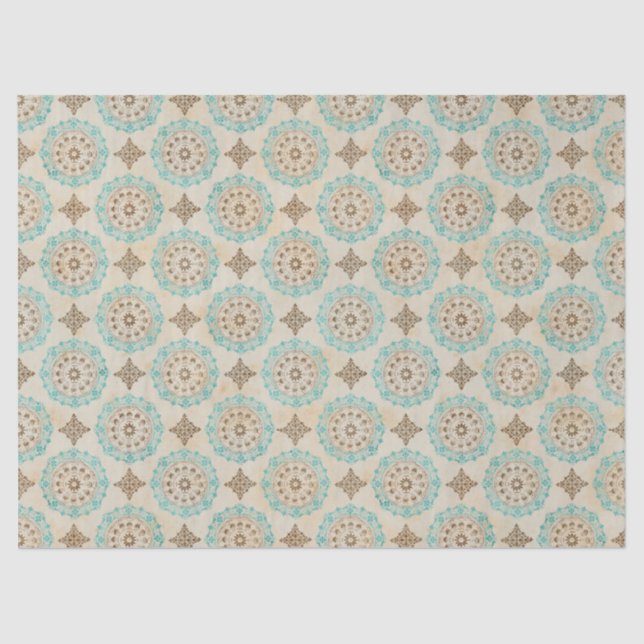 Teal and Cream Circles on Tan Decoupage Tissue Paper (Front)