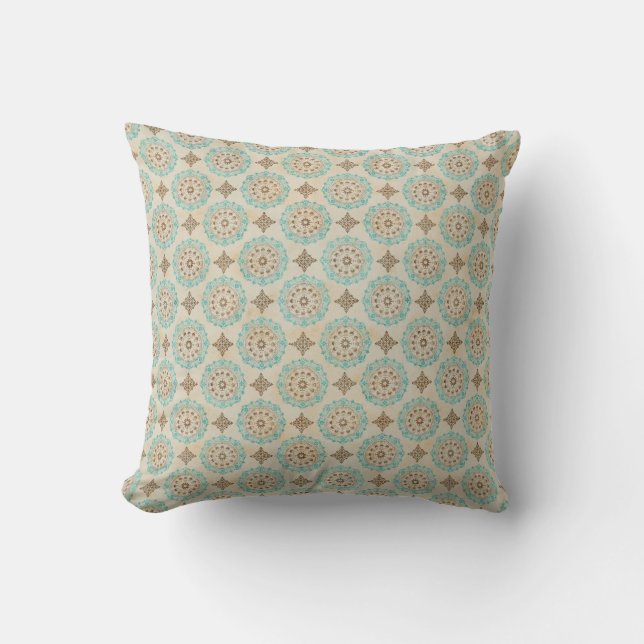 Teal and Cream Circles on Tan Throw Pillow (Front)
