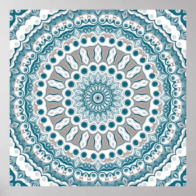 Teal and Cream Radiant Mandala Design Poster (Front)