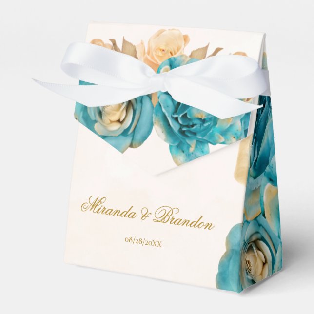 Teal and Creamy Gold Florals Wedding Favor Box (Front Side)