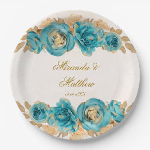 Teal and Creamy Gold Watercolor Florals Wedding  P Paper Plate