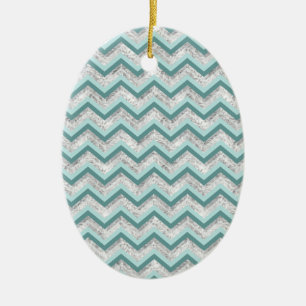 Teal and Crystal Zigzag Pattern Ceramic Ornament