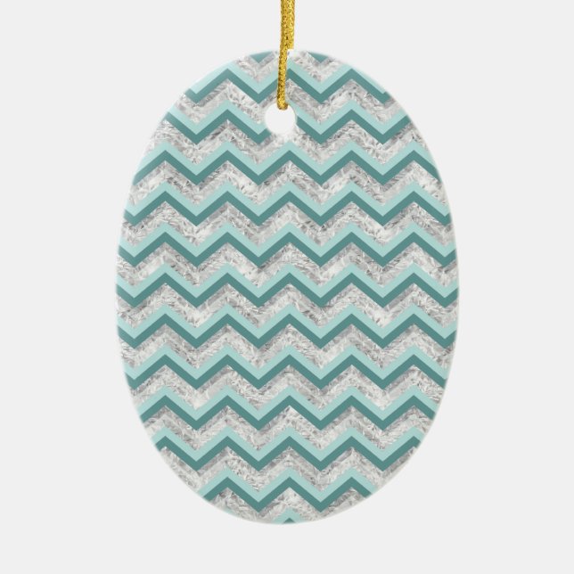 Teal and Crystal Zigzag Pattern Ceramic Ornament (Front)