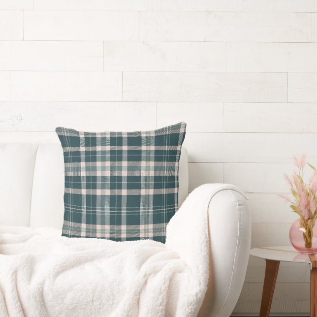Teal and Earth tones Neutral plaid design Throw Pillow (Couch)