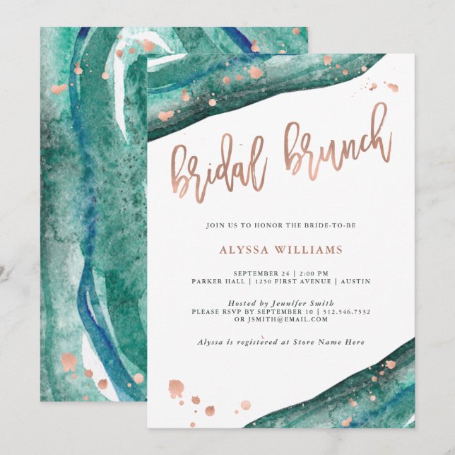 Teal and Faux Rose Gold Geode Bridal Brunch Invitation (Front/Back)