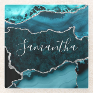 Teal and Faux Silver Glitter Marble Agate Glass Coaster
