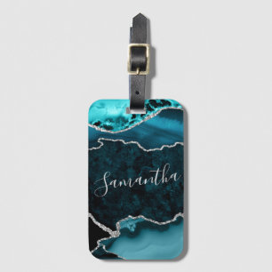 Teal and Faux Silver Glitter Marble Agate Luggage Tag