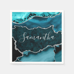 Teal and Faux Silver Glitter Marble Agate Napkin