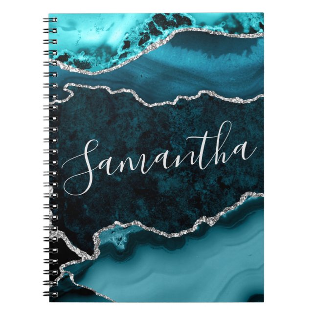 Teal and Faux Silver Glitter Marble Agate Notebook (Front)