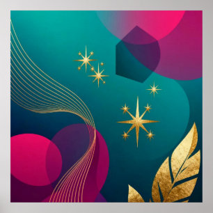 Teal And Fuchsia Modern Abstract With Gold Stars Poster