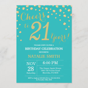 Teal and Gold 21st Birthday Diamond Invitation