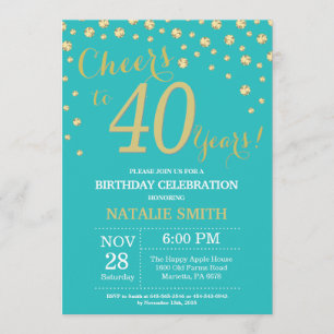 Teal and Gold 40th Birthday Diamond Invitation