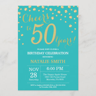Teal and Gold 50th Birthday Diamond Invitation