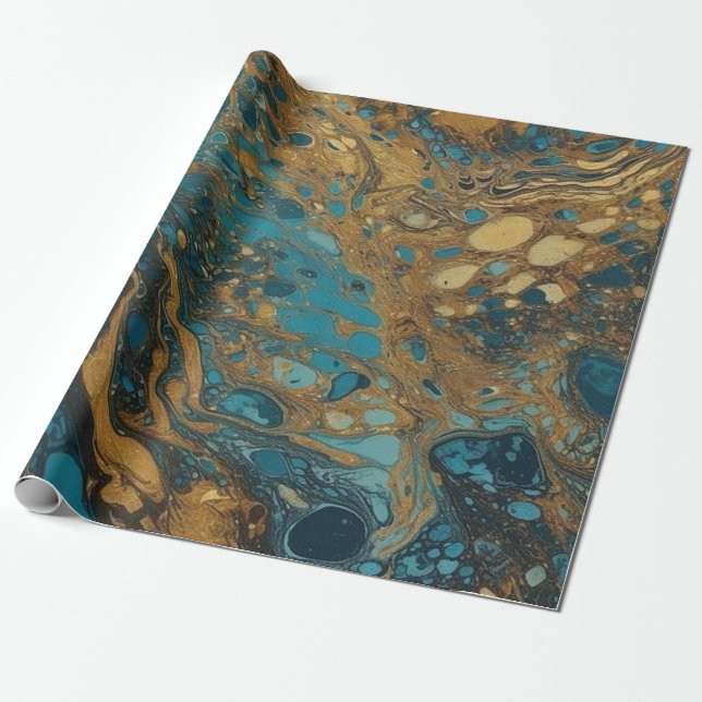 Teal and Gold Acrylic Pour Seamless Wrapping Paper (Unrolled)