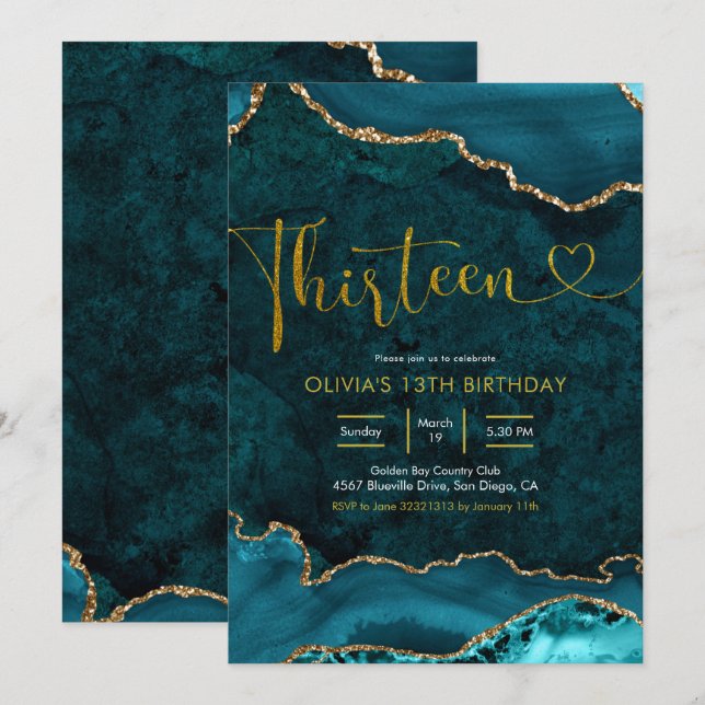 Teal and gold Agate 13th Birthday Invitation (Front/Back)