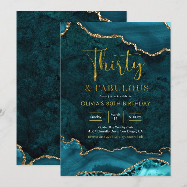 Teal and gold Agate 30th and Fabulous Invitation (Front/Back)