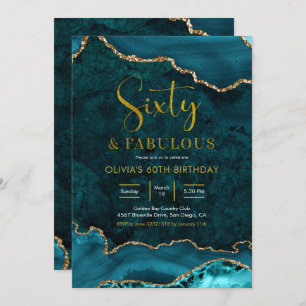 Teal and gold Agate 60th and Fabulous Invitation