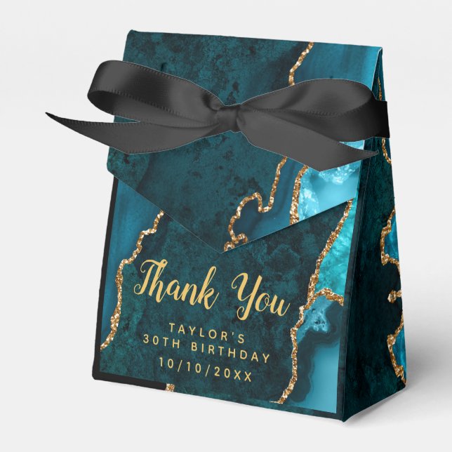 Teal and Gold Agate Birthday Thank You Favor Box (Front Side)