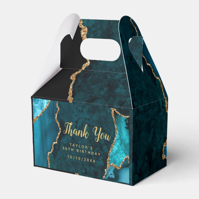 Teal and Gold Agate Birthday Thank You Favor Box (Front Side)