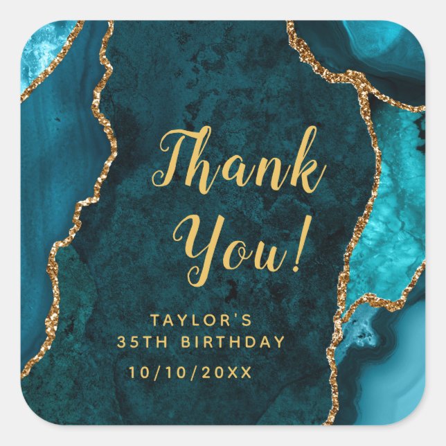 Teal and Gold Agate Birthday Thank You Square Sticker (Front)