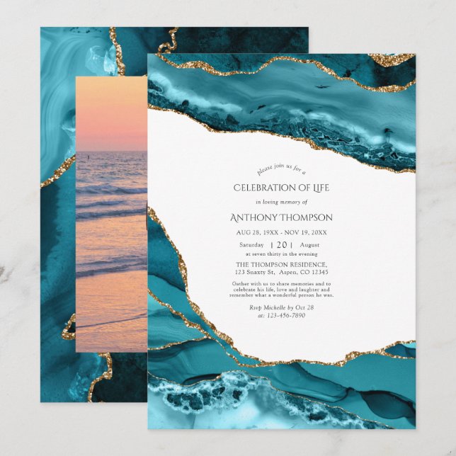 Teal and Gold Agate Celebration of Life Photo Invitation (Front/Back)