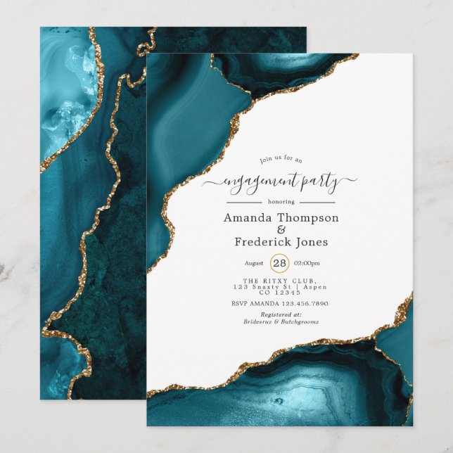 Teal and Gold Agate Engagement Party Invitation (Front/Back)