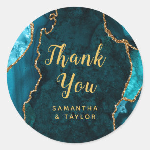 Teal and Gold Agate Marble Thank You Wedding Classic Round Sticker
