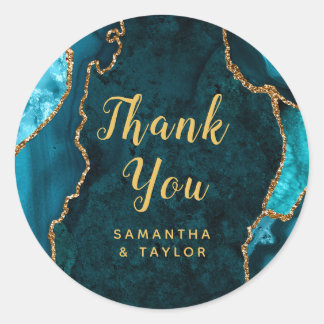 Teal and Gold Agate Marble Thank You Wedding Classic Round Sticker