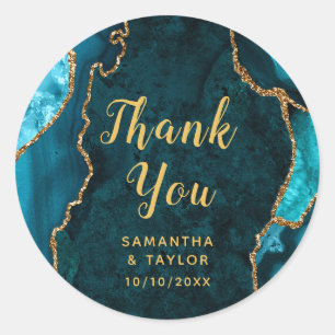 Teal and Gold Agate Marble Thank You Wedding Classic Round Sticker
