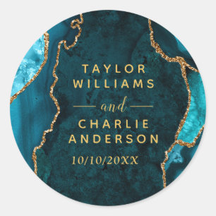 Teal and Gold Agate Marble Wedding Classic Round Sticker
