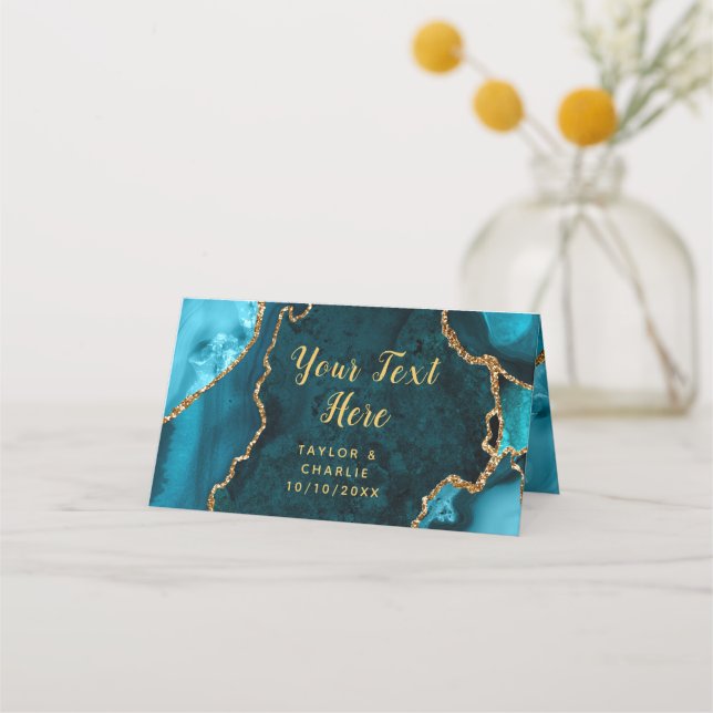 Teal and Gold Agate Marble Wedding Place Card (Back)
