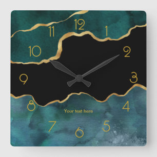 Teal and Gold Agate Personalized Square Wall Clock