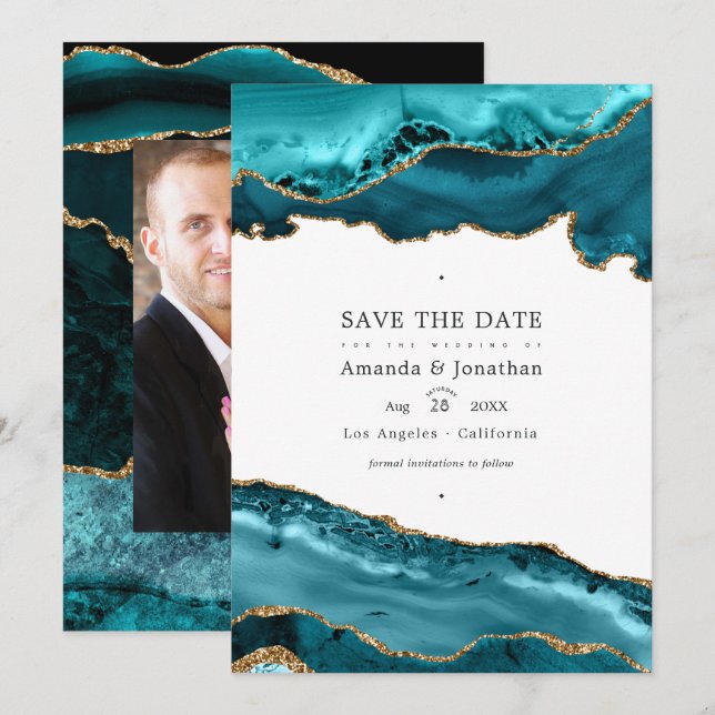 Teal and Gold Agate Wedding Photo Save The Date (Front/Back)